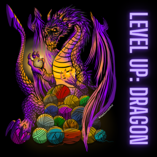 Purple dragon on a hoard of yarn, lit with a yellow-orange glow